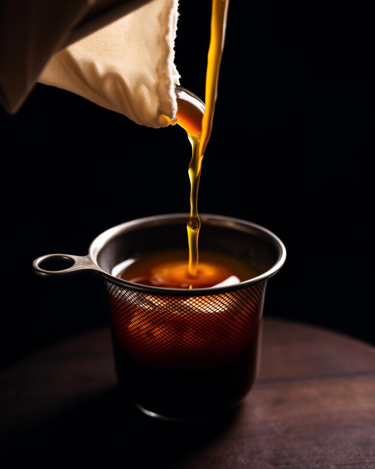 Hong Kong silk-stocking tea being poured through a cotton sleeve