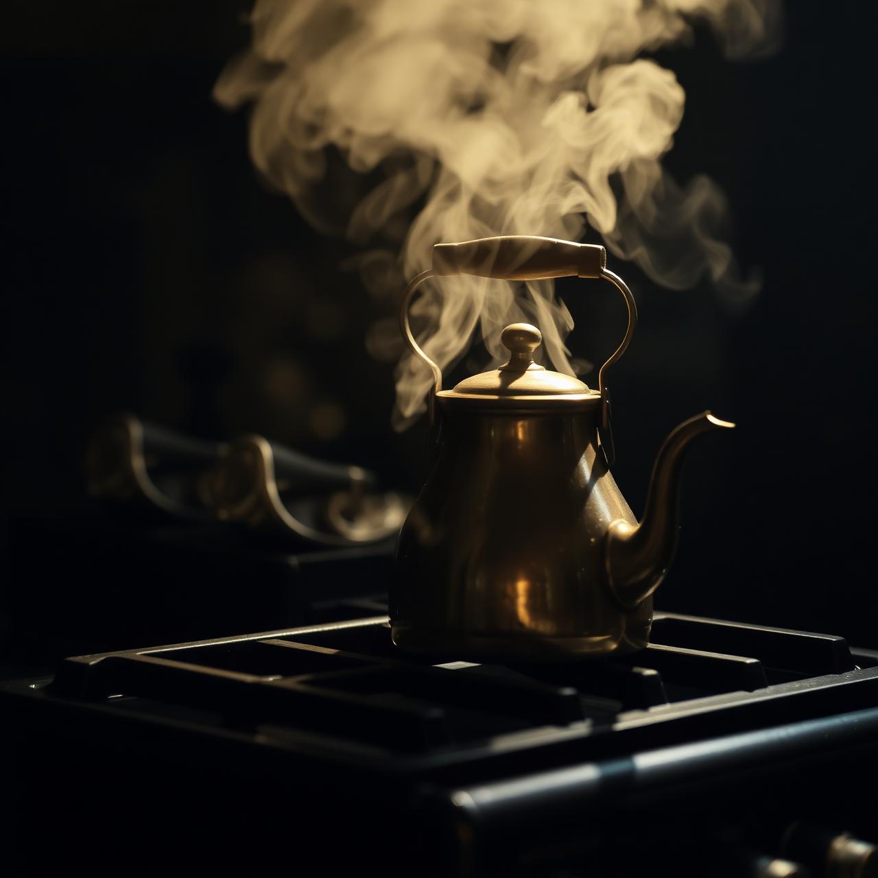 Steaming brass tea kettle